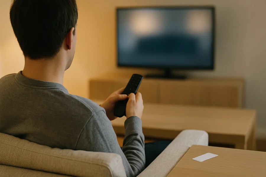 Person sitzt auf Sofa in Rückenansicht, hält schwarze Vodafone Fernbedienung, Modellnummern-Etikett auf Tisch, Fernseher verschwommen im Hintergrund