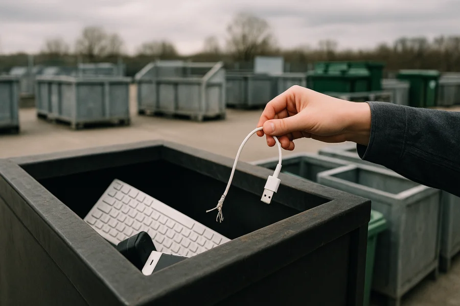 Wertstoffhof mit Behältern für Elektroschrott, in die ein beschädigtes Ladekabel abgelegt wird