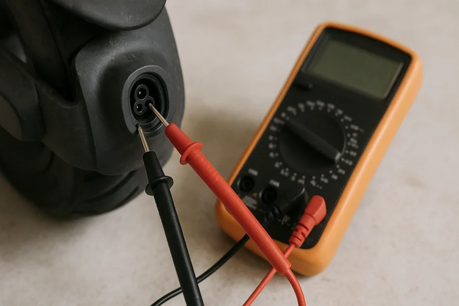 Multimeter-Messung an E-Scooter-Ladeanschluss zur Spannungsprüfung