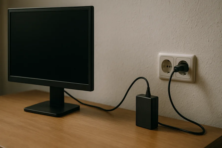 Netzteil an Steckdose angeschlossen neben ausgeschaltetem Monitor auf Schreibtisch, Seitenansicht.