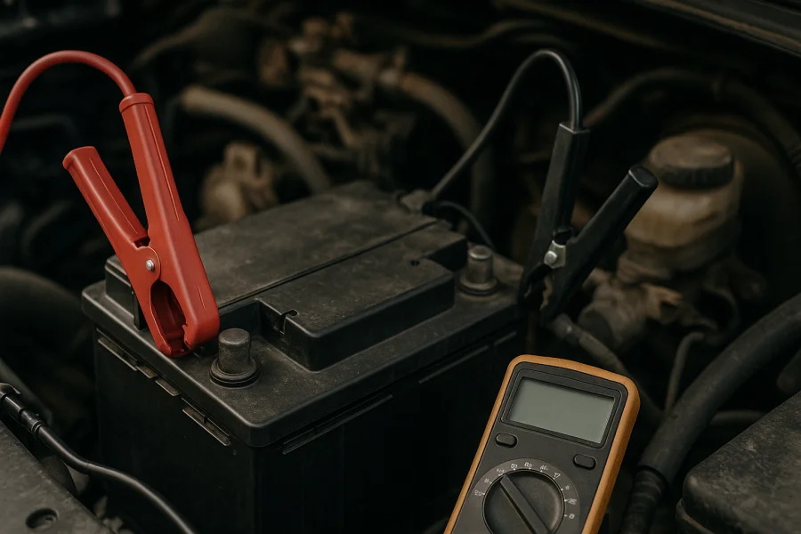 Batterieladegerät mit angeschlossenen Klemmen an Autobatterie im Motorraum