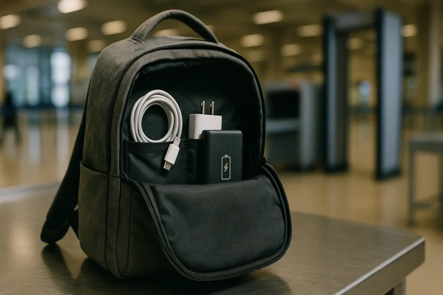 Handgepäckrucksack offen mit ordentlich verstautem Ladekabel, Ladegerät und Powerbank am Flughafen