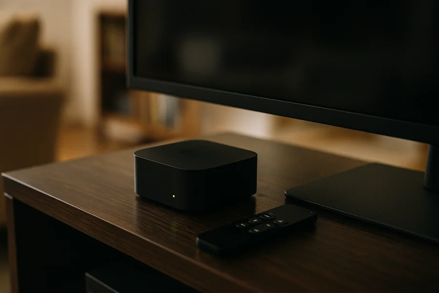 Apple TV Box mit LED-Anzeige auf Regal neben schwarzer Fernbedienung