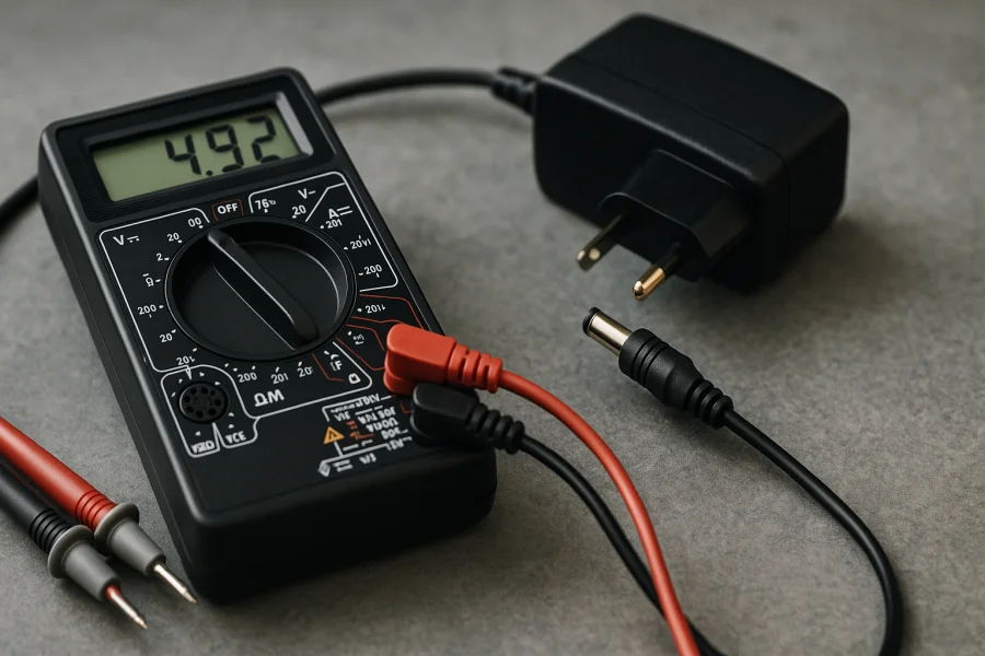 Multimeter misst Ausgangsspannung an Netzteilstecker auf Werkbank