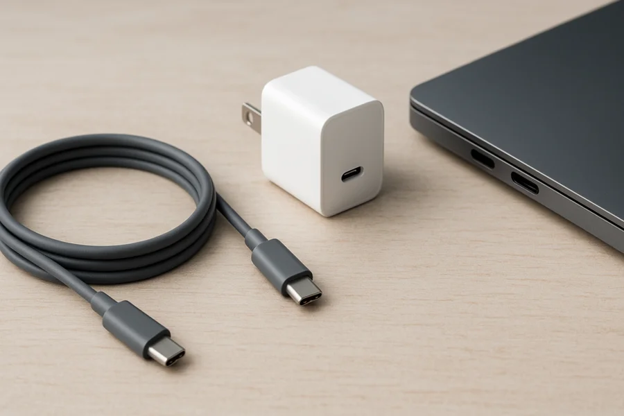 USB-C-Kabel, USB-C-Netzteil und seitliche Anschlüsse eines Laptops im Detail