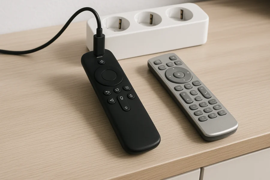 Wiederaufladbare Streaming-Fernbedienung mit Ladekabel neben einer älteren Fernbedienung