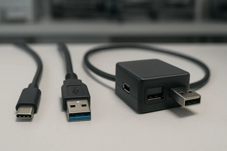 USB-C- und USB-A-Kabel neben einer kompakten USB-Testbox auf einer Werkbank