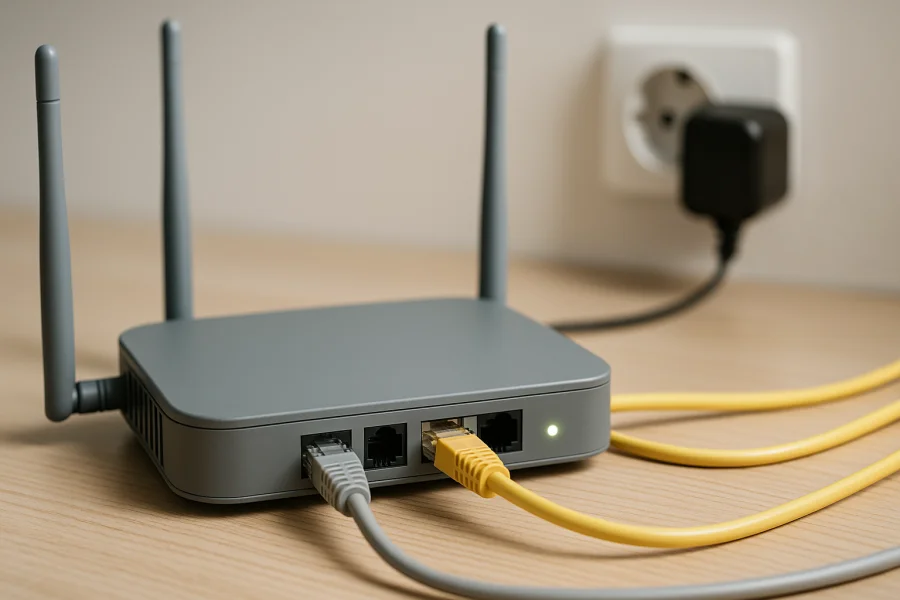 Router mit angeschlossenen Kabeln bei der Prüfung von DSL- und Netzwerkverbindungen