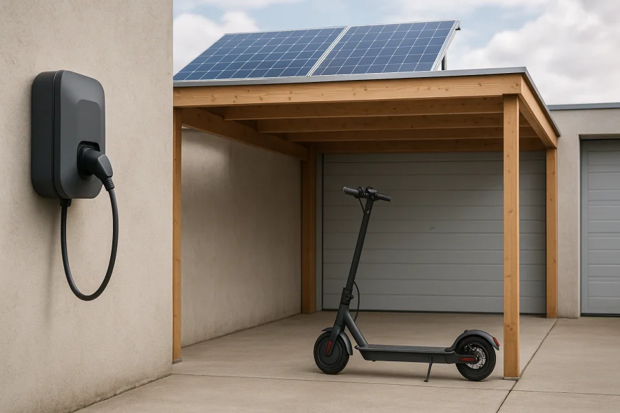 E-Scooter an einem wettergeschützten Solar-Ladepunkt unter einem Carport
