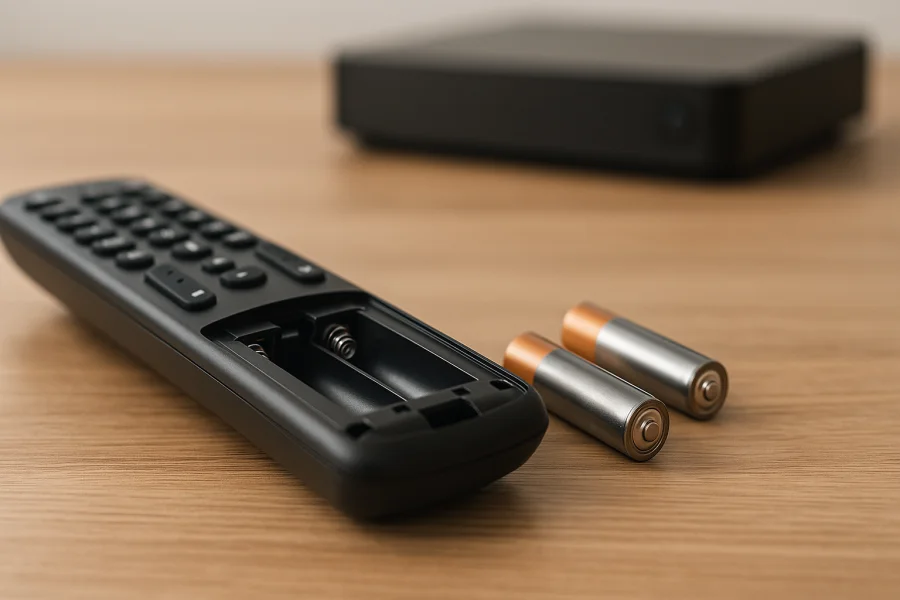 Geöffnete unmarkierte Fernbedienung mit Batterien auf einem Tisch