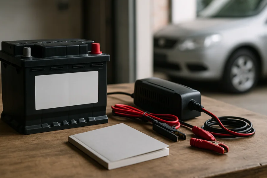 Autobatterie und Batterieladegerät als Vorbereitung für einen Ladevorgang