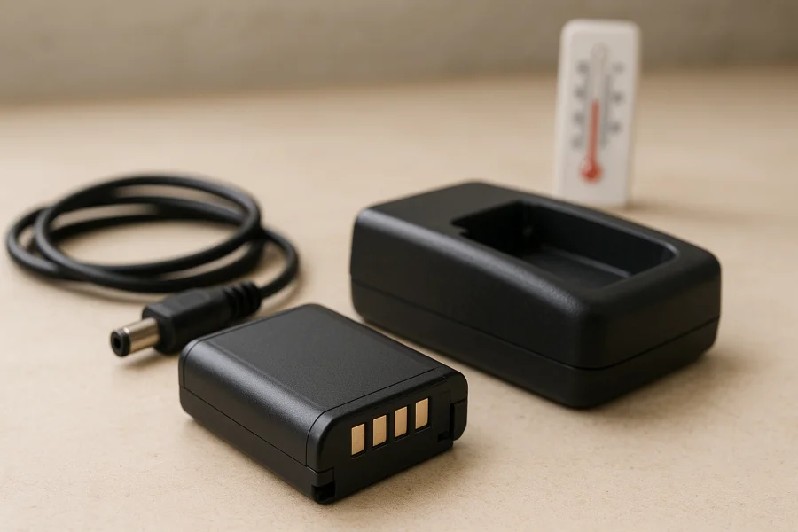 Nicht angeschlossener Lithium-Ionen-Akku mit Ladegerät und Ladekabel auf einer Werkbank