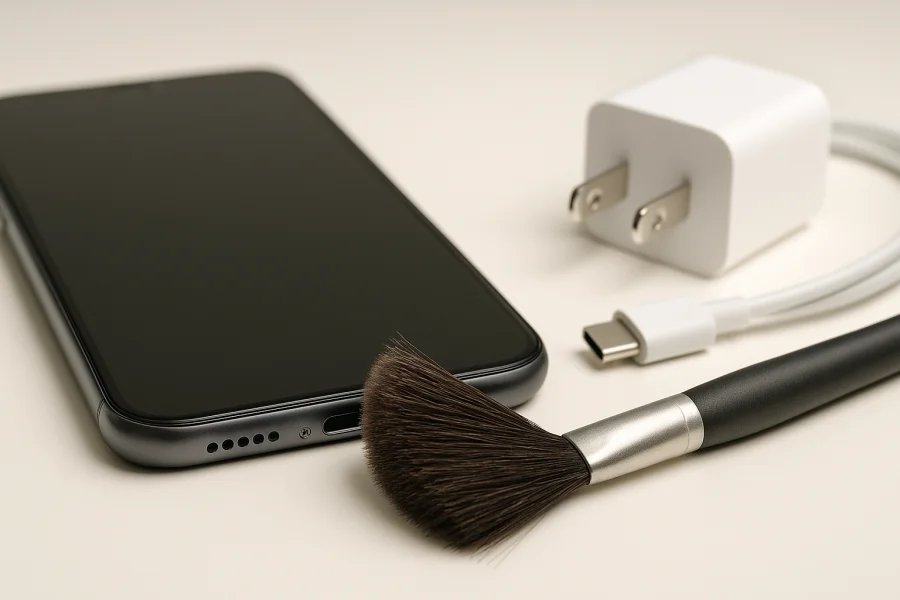 Ladebuchse eines Smartphones mit weicher trockener Bürste und Ladekabel