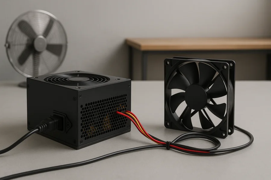 Geschlossenes PC-Netzteil mit externem 12-Volt-Lüfter in einer geordneten Prüfaufstellung