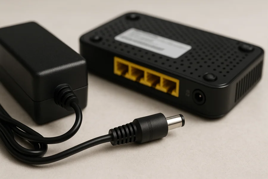 Ersatznetzteil mit Rundstecker neben einem Router zur Prüfung von Anschluss und Typenschild