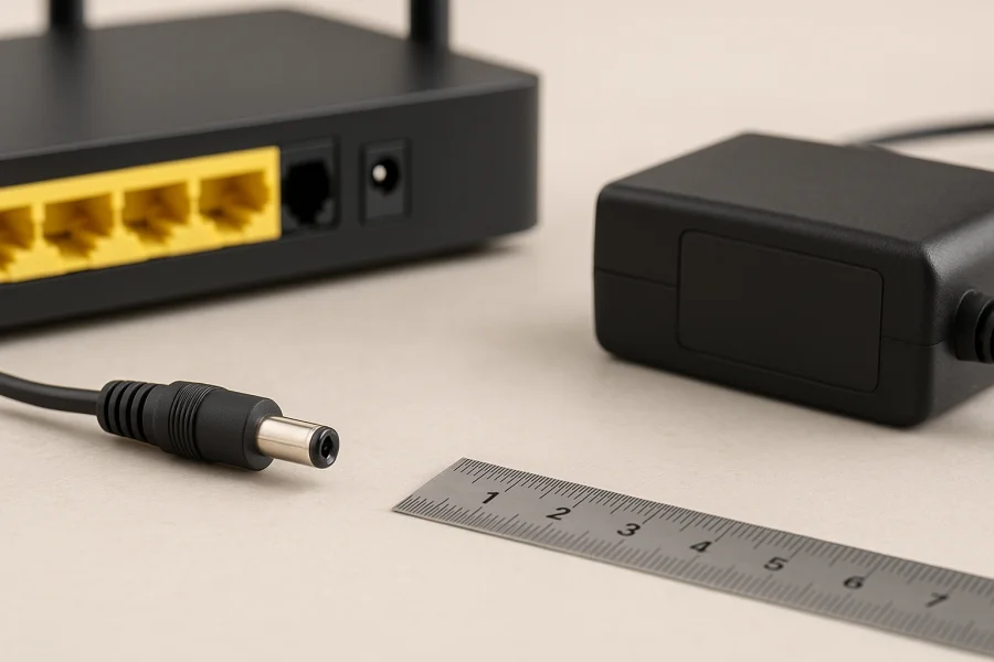 Prüfung von Router-Netzteil und DC-Stecker auf einem Arbeitstisch