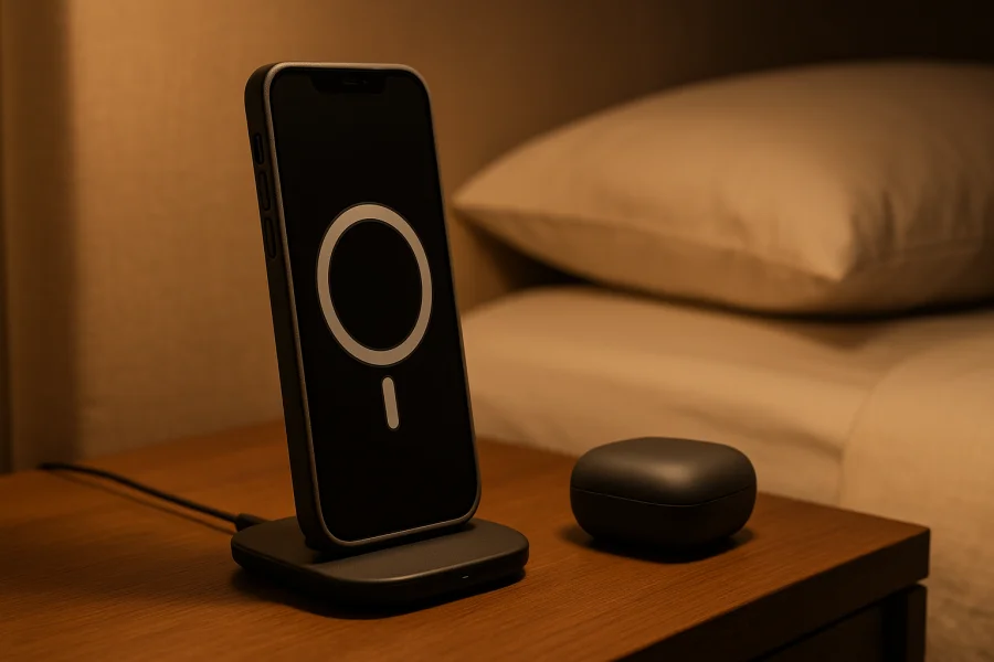 Smartphone mit magnetischer Schutzhülle auf einer kabellosen Ladestation am Nachttisch