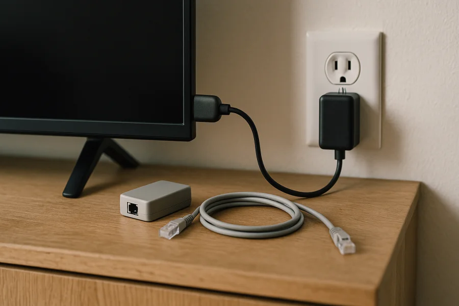 Direkt angeschlossener Streaming-Stick mit separatem Netzteil und abgelegtem Ethernet-Adapter