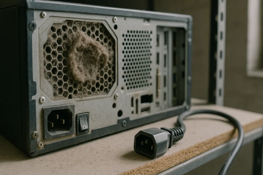 Staubablagerungen an den Lüftungsöffnungen eines ausgeschalteten PC-Netzteils mit abgezogenem Stromkabel