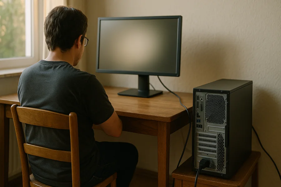 Desktop-PC neben einem Schreibtisch mit sichtbarer rückseitiger Verkabelung und Netzteilanschlüssen