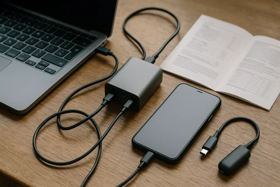 Laptop mit USB-C-Mehrport-Ladegerät, Smartphone und angeschlossenen Kabeln auf einem Arbeitstisch
