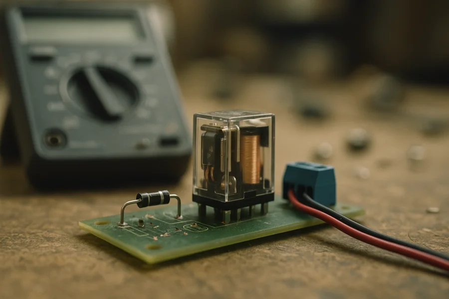 Relaisplatine mit parallel angeschlossener Löschdiode zur Begrenzung von Induktionsspannung