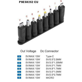 PSE50252 EU Universal-Steckerladegerät 5.5/2.1mm + 8 ADAPTER 5.0V/3.0A, 15W, EURO